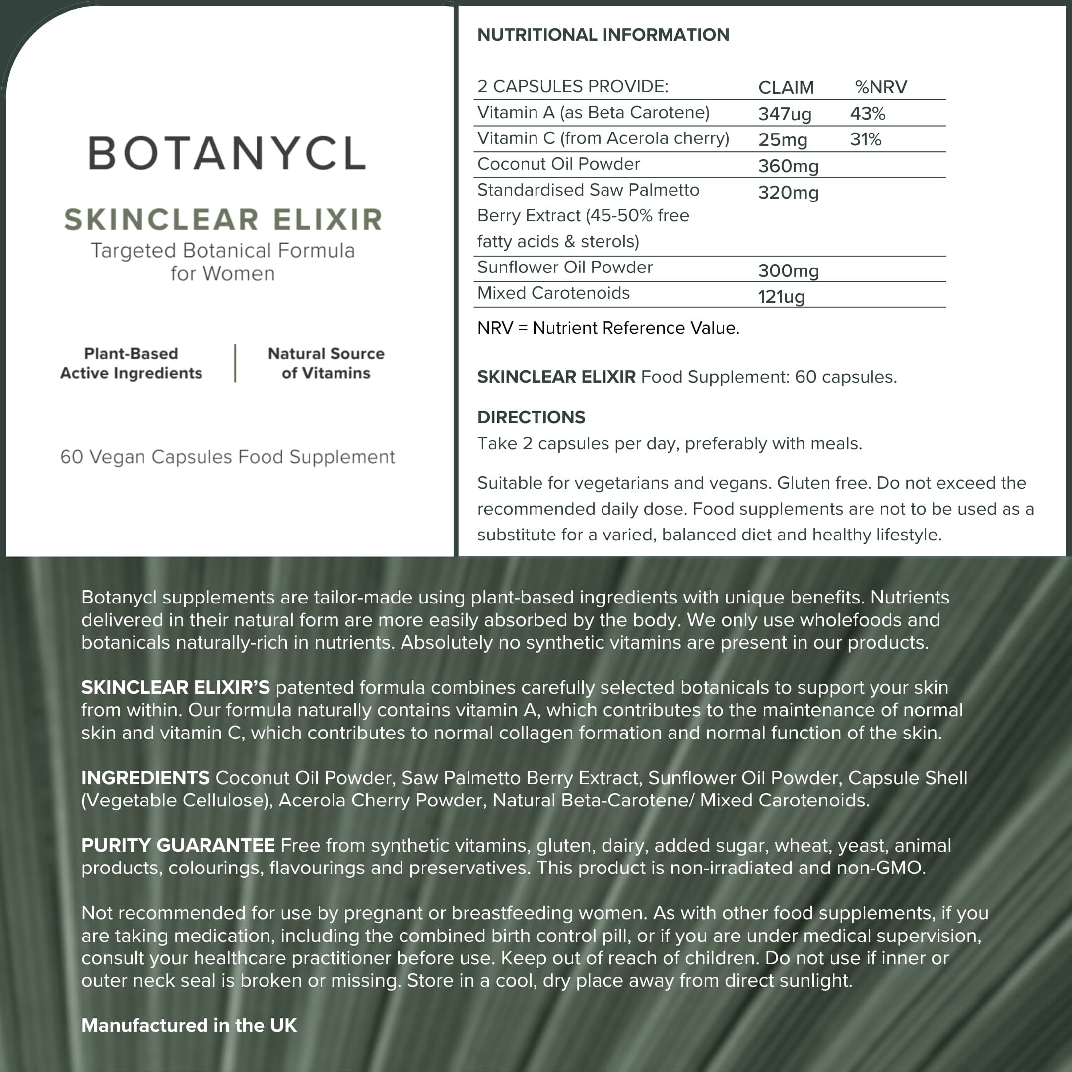 Nutritional information and product details for Botanycl Skinclear Elixir supplement.