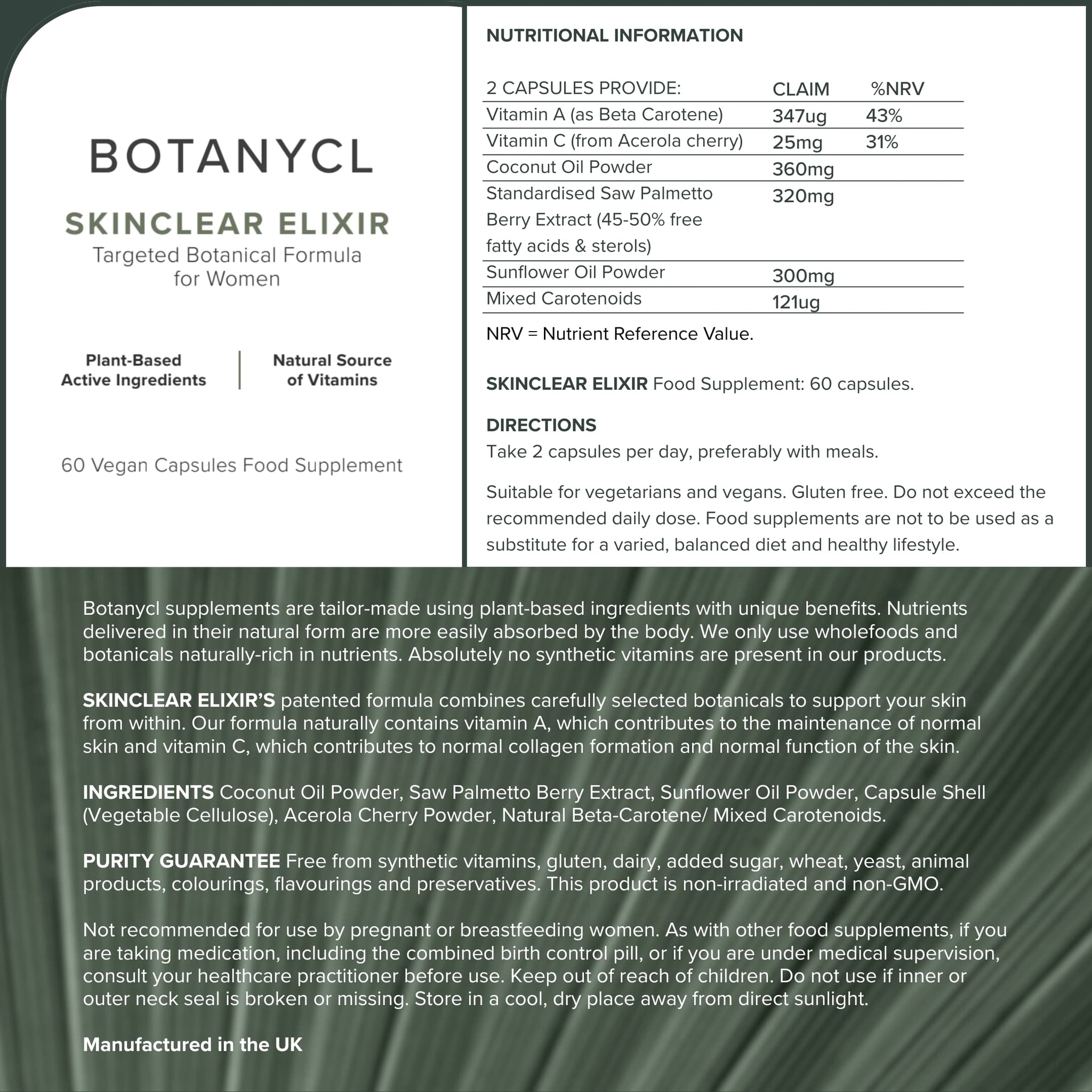 Nutritional information and product details for Botanycl Skinclear Elixir supplement.