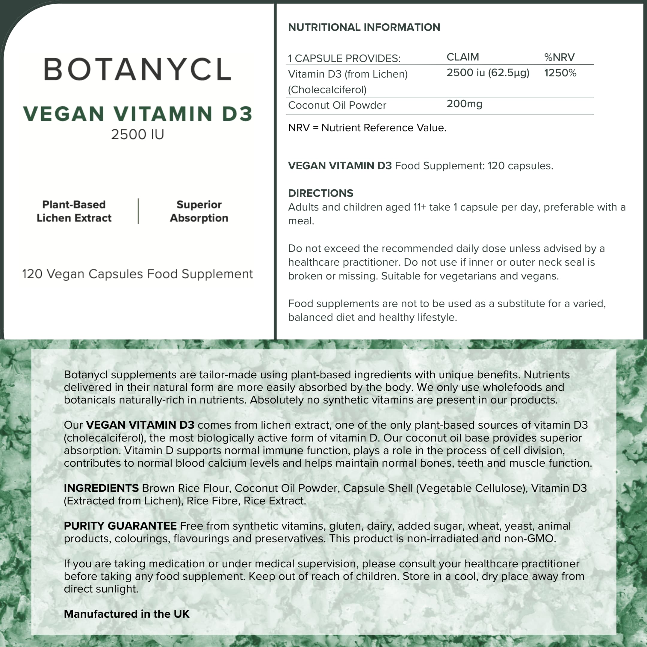Vegan Vitamin D3 supplement label with botanical details and instructions.