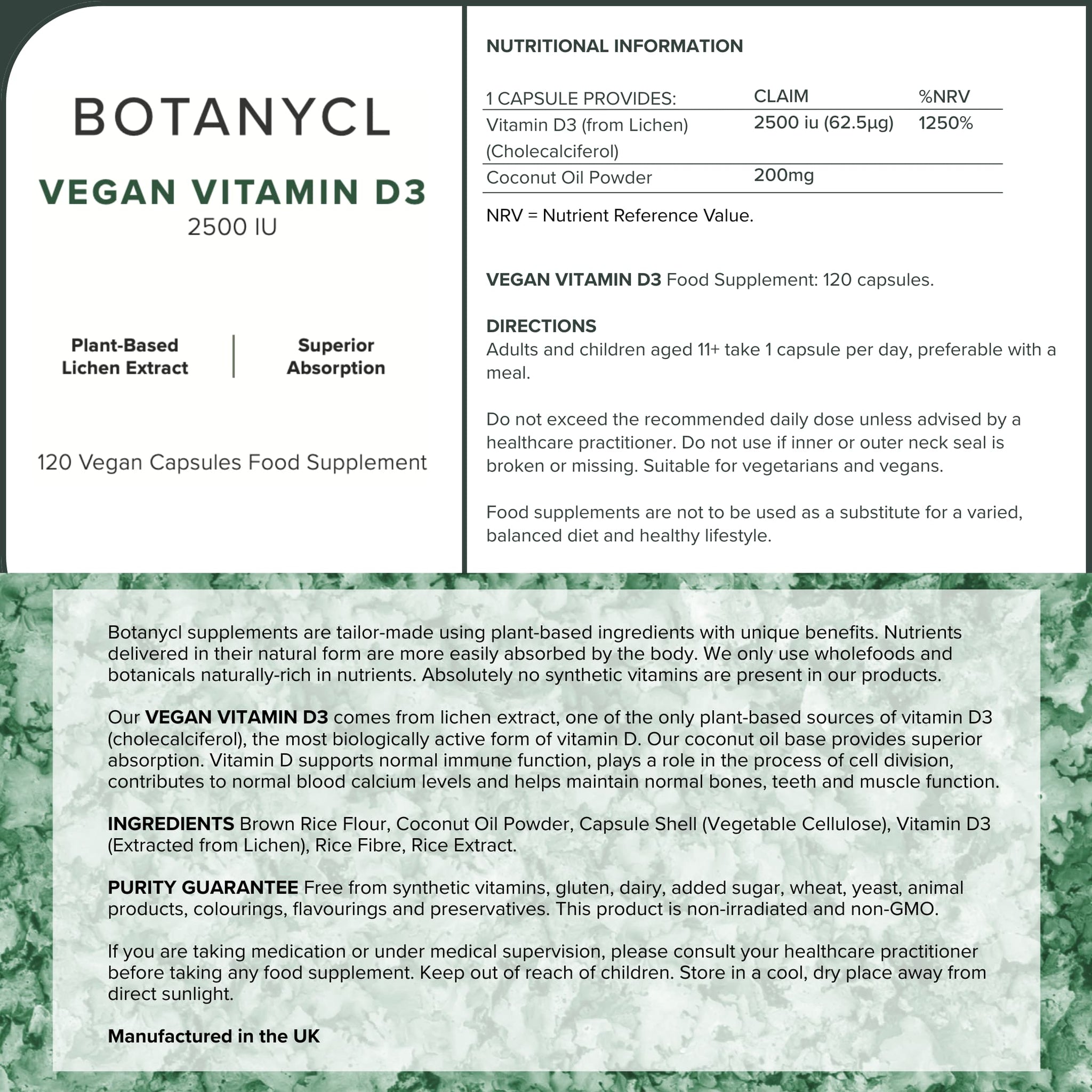 Vegan Vitamin D3 supplement label with botanical details and instructions.