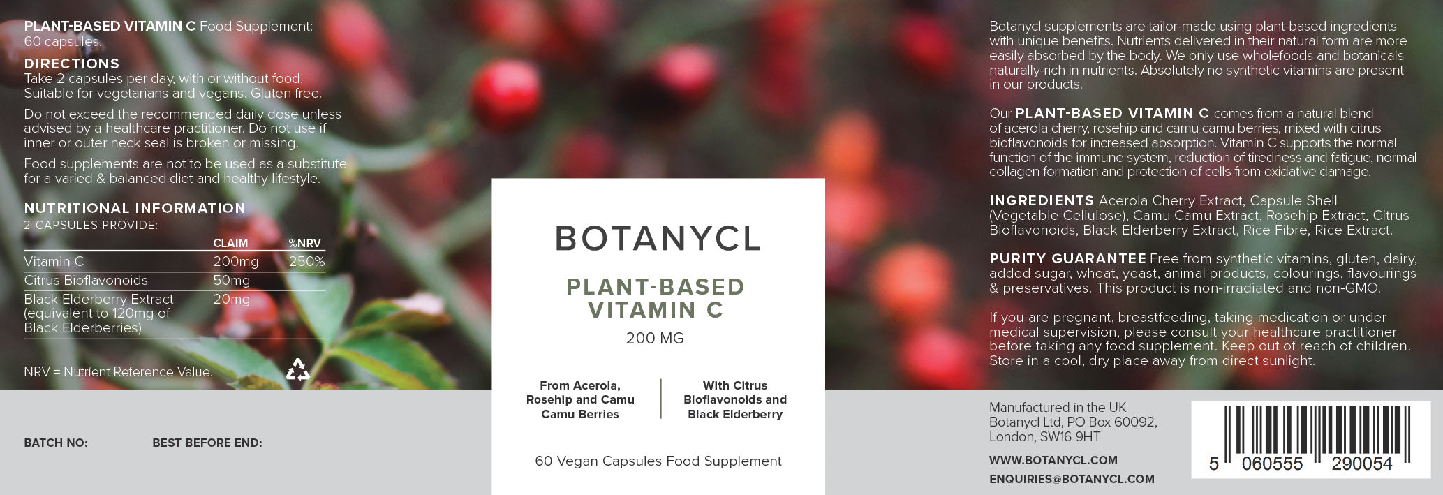Plant-based Natural Vitamin C 200mg by Botanycl. Acerola cherry, rosehips and black elderberry provide immunity support.